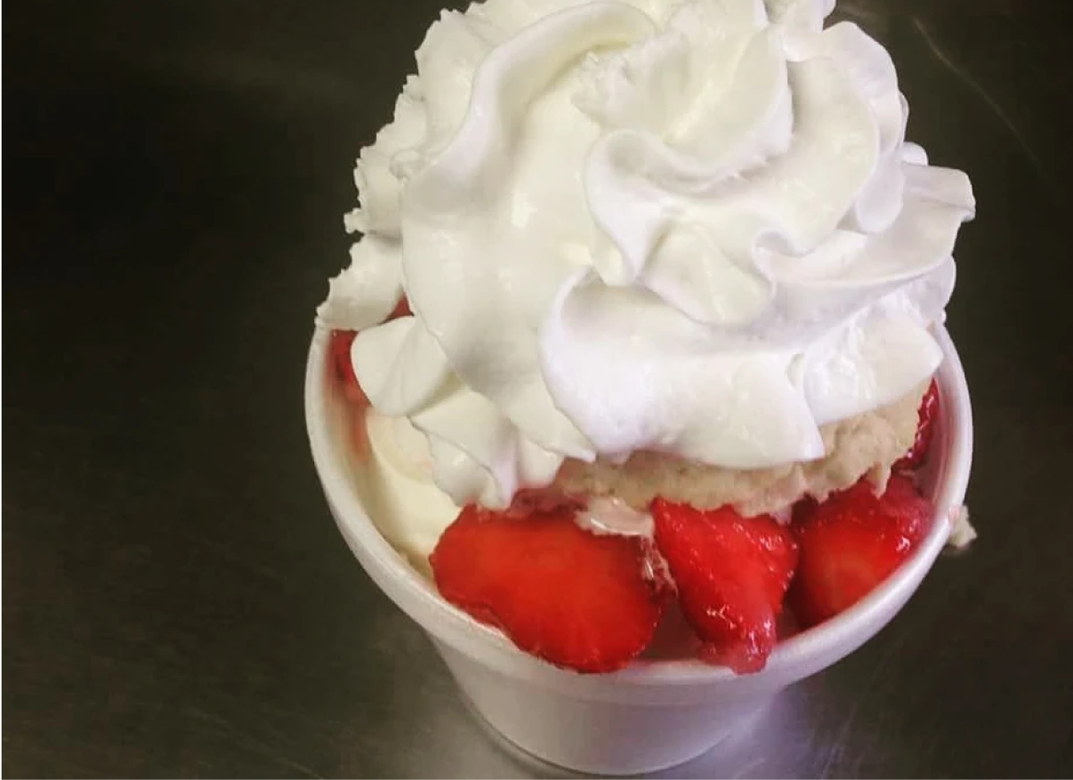 A strawberry shortcake from Gruto's with whipped cream on top